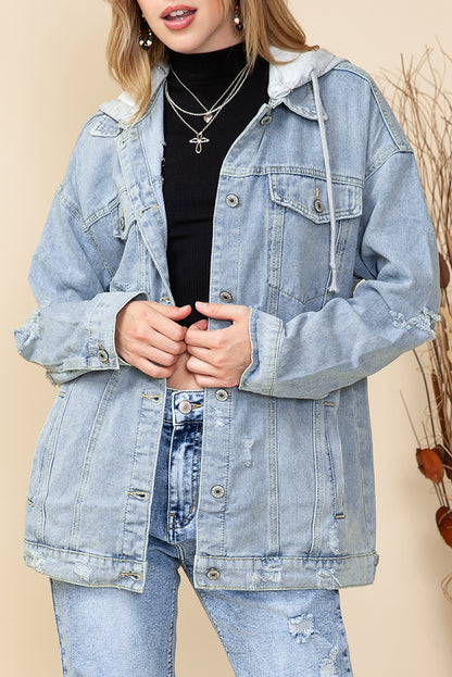 Light Blue Button Up Ripped Hooded Denim Jacket