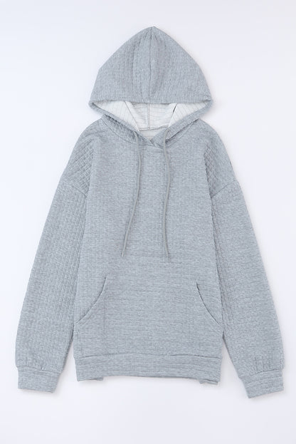 Khaki Lattice Textured Kangaroo Pocket Drawstring Hoodie