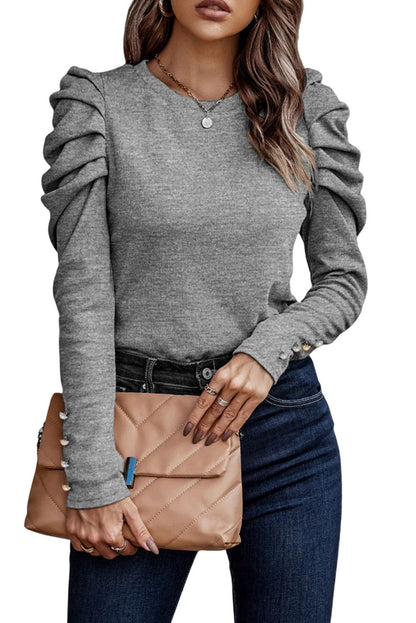 Green Basic Buttoned Puff Long Sleeve Sheath Top