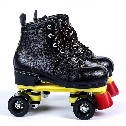 Genuine Leather Training Quad Roller Skates Shoes with Flash Wheels
