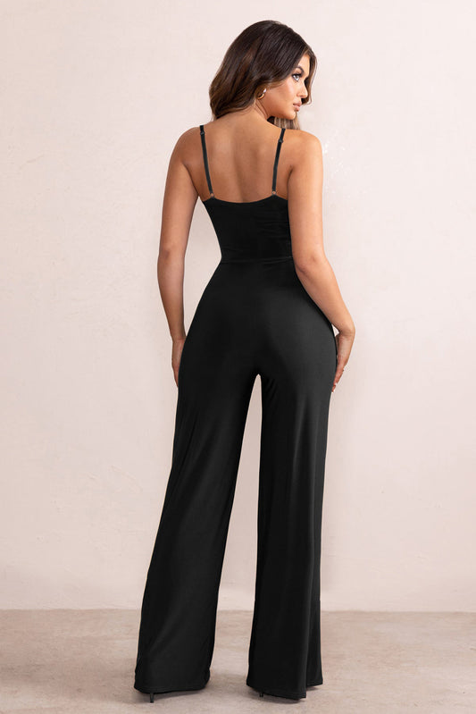Black Lace Splicing V Neck Bodice Wide Leg Jumpsuit