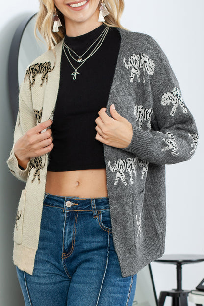 Animal Print Color Block Open Front Knitted Cardigan with Pockets