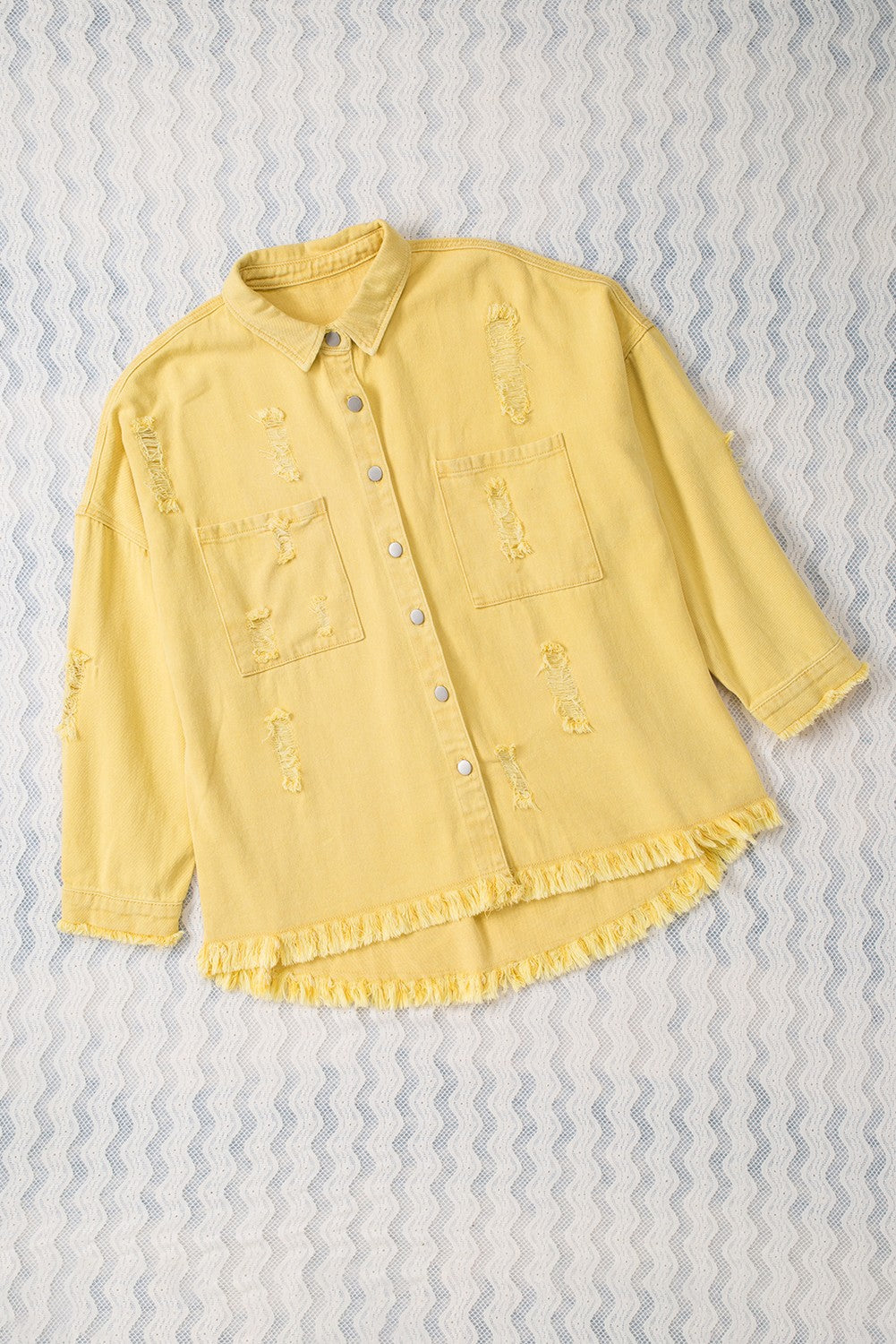 Yellow Distressed Raw Hem Denim Jacket with Chest Pockets