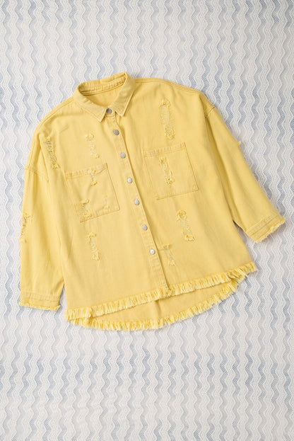 Yellow Distressed Raw Hem Denim Jacket with Chest Pockets