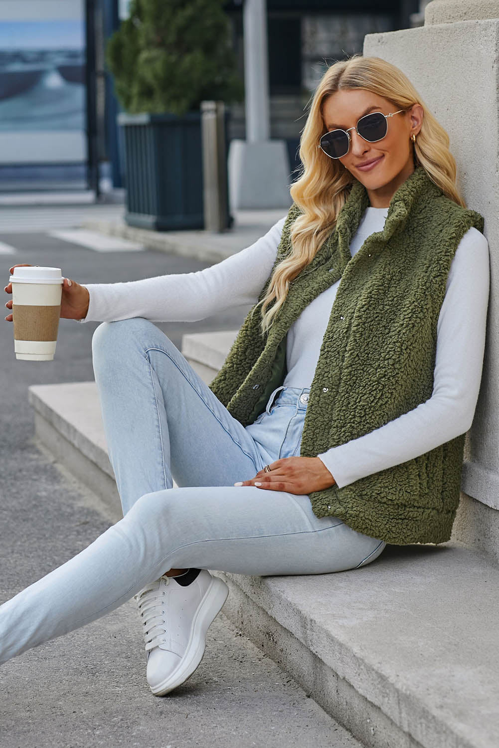 Green Snap Button Collared Stand Neck Sherpa Vest