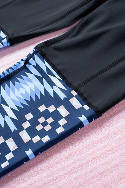 Black Yoga Crossover Geometric Print Patchwork High Waisted Leggings
