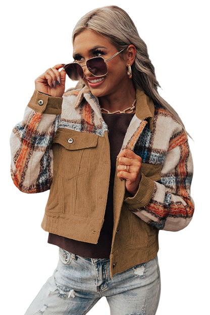 Khaki Plaid Corduroy Flap Pockets Boxy Chunky Jacket
