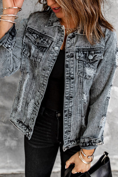 Grey Distressed Buttons Washed Denim Jacket