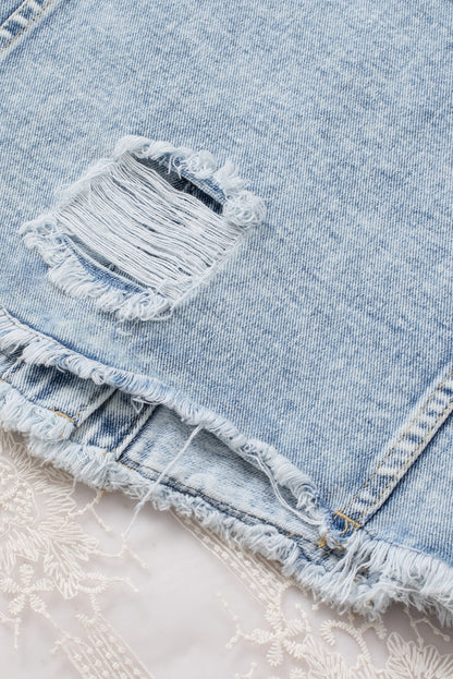 Black Casual Distressed Raw Hem Buttons Denim Jacket