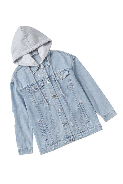 Light Blue Button Up Ripped Hooded Denim Jacket