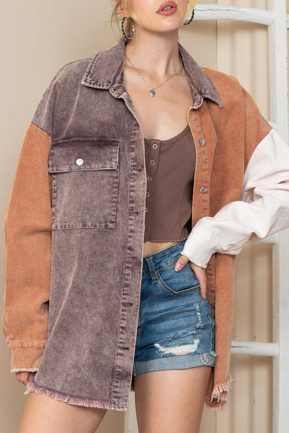 Khaki Color Block Raw Hem Button Up Corduroy Shacket