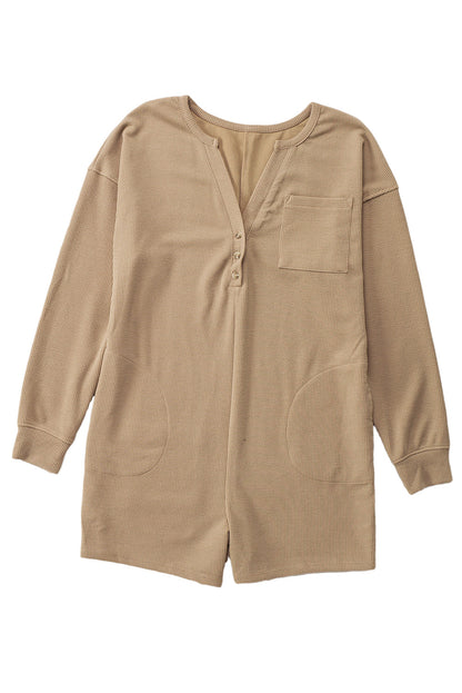Green Henley V Neck Pocketed Ribbed Romper