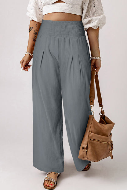 Brown Smocked Wide Waistband High Waist Wide Leg Pants
