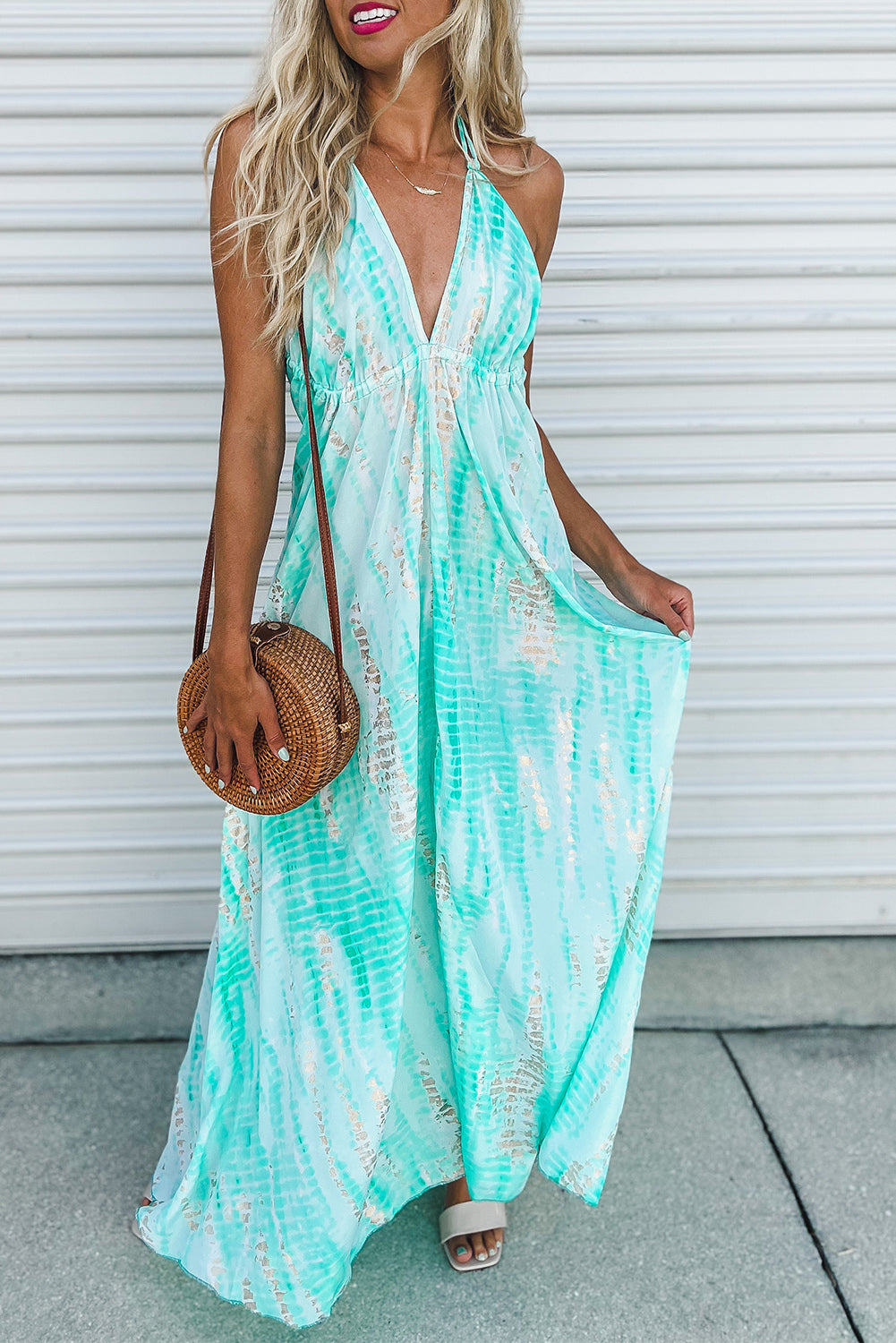 Green Tie Dye Print Lace-up Halter Open Back V Neck Maxi Dress