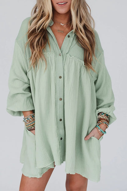 Pink Ribbed Crinkle Patchwork Puff Sleeve Raw Hem Shirt Dress