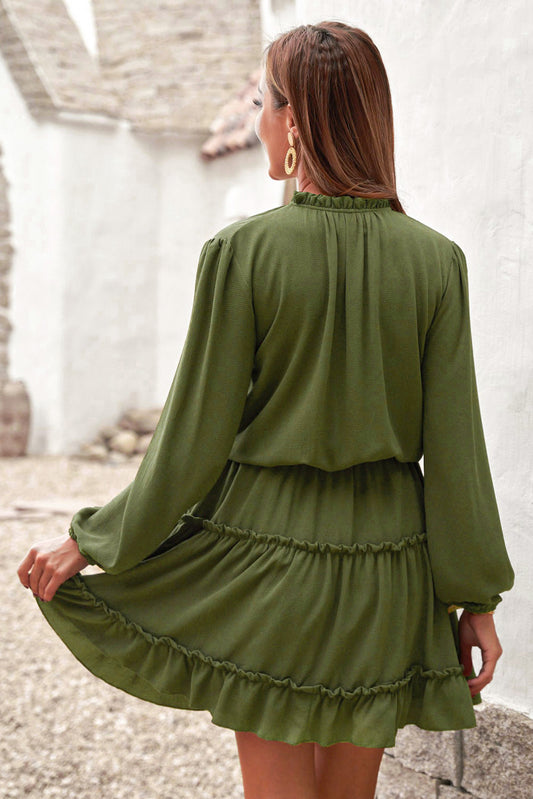 Olive Green Casual Lantern Sleeve V Neck Short Tiered Dress