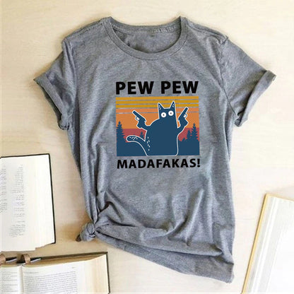 Pew Pew Madafakas Print T-Shirts Women Summer 2020 Graphic Tees Funny Shirts for Woman Tshirts Loose Crew Neck Harajuku Tops