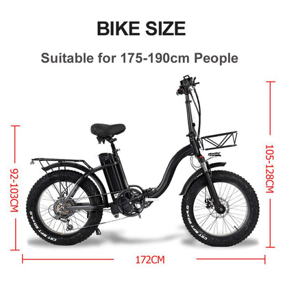 Y20 Folding E-Bike Snow Bike, 750W Motor, 48V 15A/17A Battery, 20 Inch Mountain Bike Fat Bike, Pedal Assist Bike with Basket