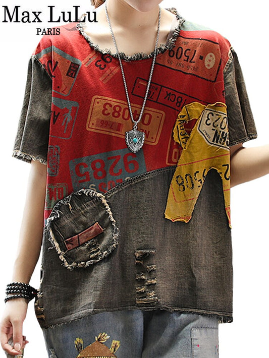 Max Lulu 2022 New Summer European Fashion Style Ladies Vintage Tee Shirts Women Denim Patchwork Ripped Tshirts Casual Streetwear