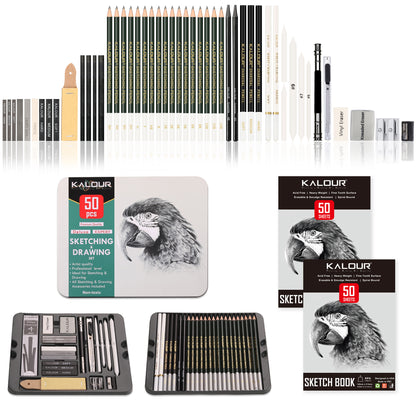 52pcs Sketching and Charcoal Pencil Drawing Set in Tin Box With 2 Sketch Pad