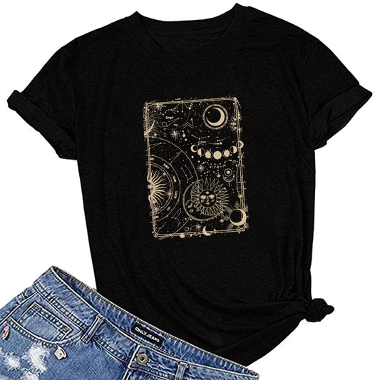 Moon and Sun Print Vintage Women T Shirt Aesthetic round Neck Loose Summer Tshirt Casual Graphic Tees Tops Woman Ropa Mujer
