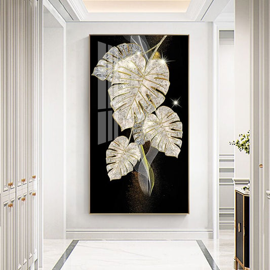 Golden Abstract Banana Leaf 5D Crystal Porcelain Painting