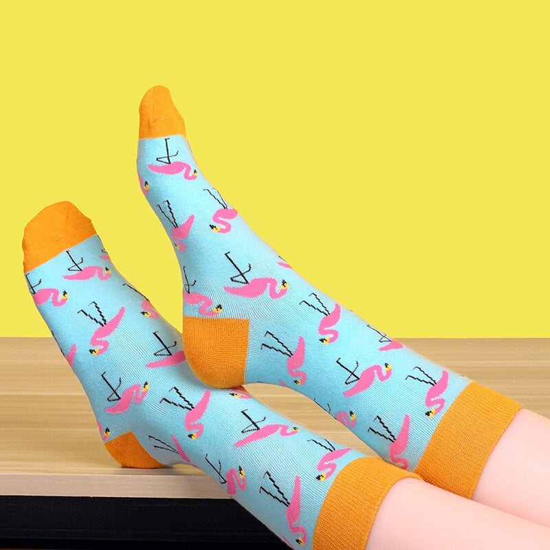 Women Socks Pink Green Cartoon Animals Flamingos Printed Harajuku Cute Funny Colorful Happy Female Casual Hip Hop Skate Hosiery