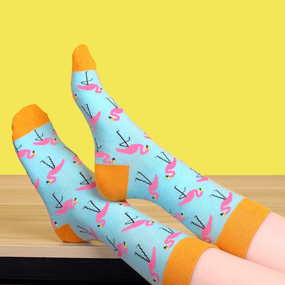 Women Socks Pink Green Cartoon Animals Flamingos Printed Harajuku Cute Funny Colorful Happy Female Casual Hip Hop Skate Hosiery