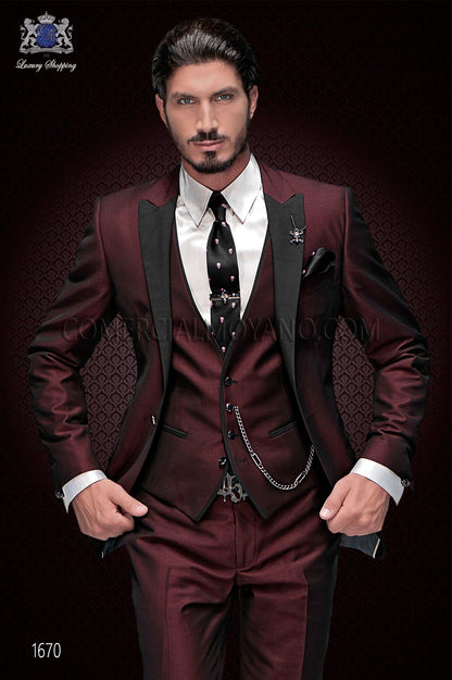 Peak Black Lapel Groom Tuxedos Burgundy 3 Pieces(Jacket+Pant+Vest+Tie) Men's