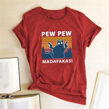 Pew Pew Madafakas Print T-Shirts Women Summer 2020 Graphic Tees Funny Shirts for Woman Tshirts Loose Crew Neck Harajuku Tops