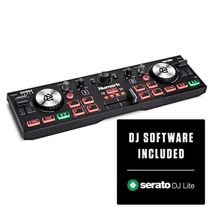 Numark DJ2GO2 Touch – Compact 2 Deck USB DJ Controller For Serato DJ with a Mixer / Crossfader, Audio Interface and Touch Capacitive Jog Wheels