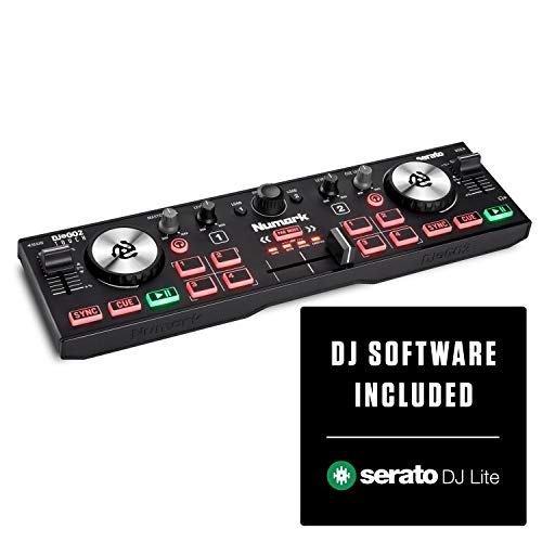 Numark DJ2GO2 Touch – Compact 2 Deck USB DJ Controller For Serato DJ with a Mixer / Crossfader, Audio Interface and Touch Capacitive Jog Wheels