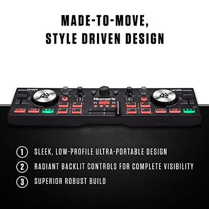 Numark DJ2GO2 Touch – Compact 2 Deck USB DJ Controller For Serato DJ with a Mixer / Crossfader, Audio Interface and Touch Capacitive Jog Wheels