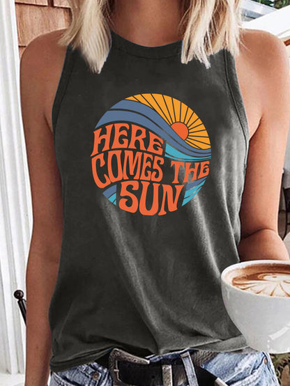 Here Comes the Sun Printed Funny Women T Shirt Sleeveless round Neck Summer T Shirt Femme Clothes Vintage Graphic Tees Tops 2022