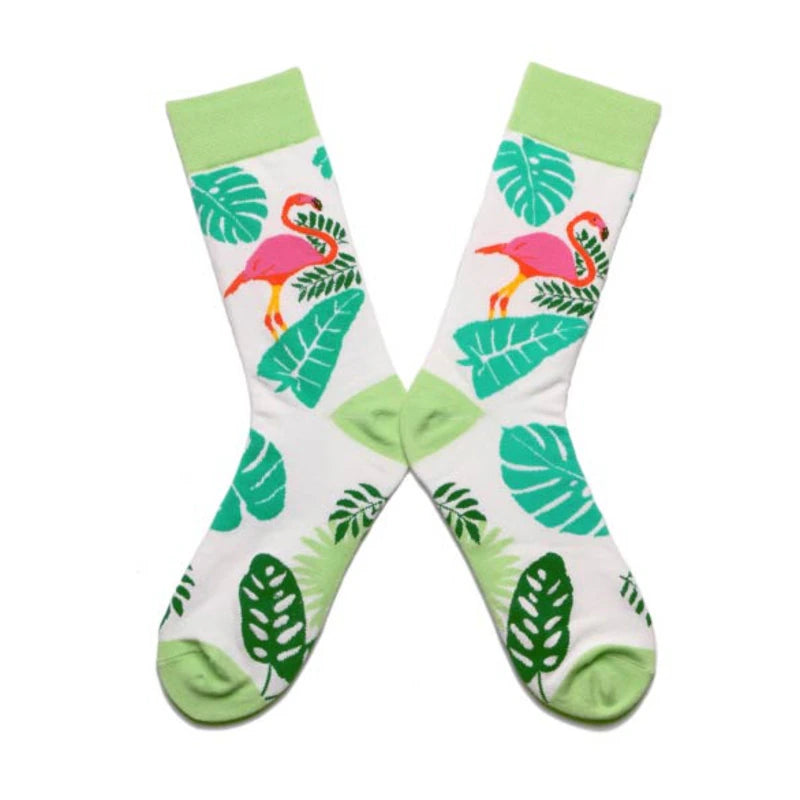 Women Socks Pink Green Cartoon Animals Flamingos Printed Harajuku Cute Funny Colorful Happy Female Casual Hip Hop Skate Hosiery