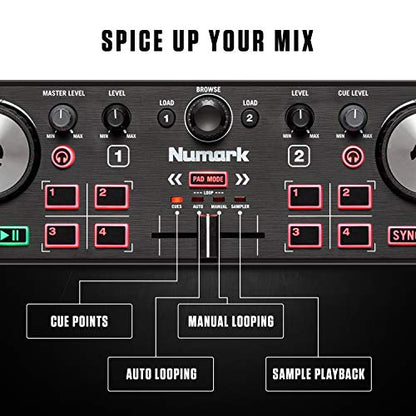 Numark DJ2GO2 Touch – Compact 2 Deck USB DJ Controller For Serato DJ with a Mixer / Crossfader, Audio Interface and Touch Capacitive Jog Wheels