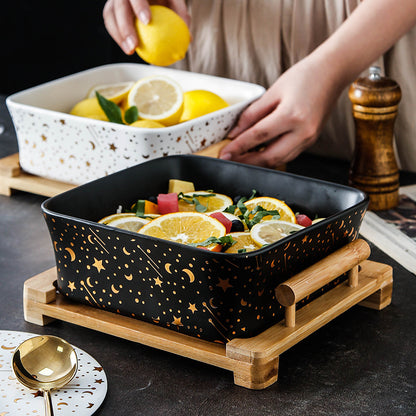Ceramic Square Bowl with Bamboo Wood Tray