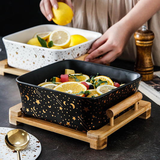 Ceramic Square Bowl with Bamboo Wood Tray