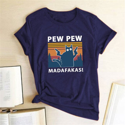 Pew Pew Madafakas Print T-Shirts Women Summer 2020 Graphic Tees Funny Shirts for Woman Tshirts Loose Crew Neck Harajuku Tops