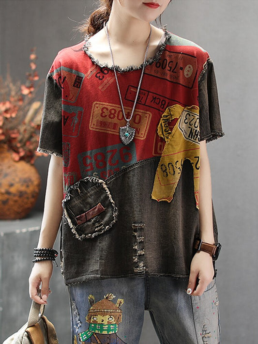 Max Lulu 2022 New Summer European Fashion Style Ladies Vintage Tee Shirts Women Denim Patchwork Ripped Tshirts Casual Streetwear