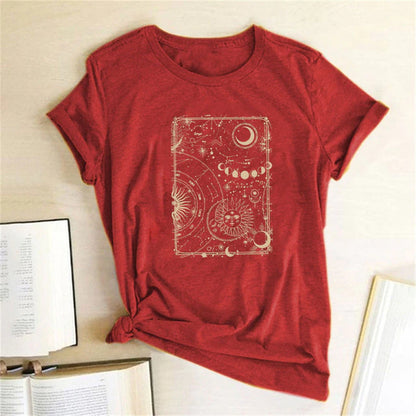 Moon and Sun Print Vintage Women T Shirt Aesthetic round Neck Loose Summer Tshirt Casual Graphic Tees Tops Woman Ropa Mujer