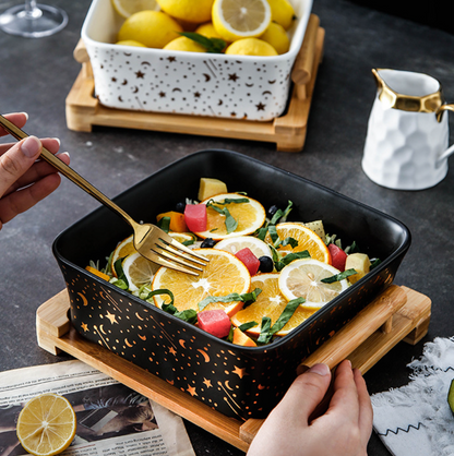 Ceramic Square Bowl with Bamboo Wood Tray
