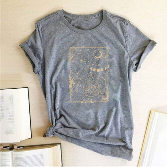Moon and Sun Print Vintage Women T Shirt Aesthetic round Neck Loose Summer Tshirt Casual Graphic Tees Tops Woman Ropa Mujer