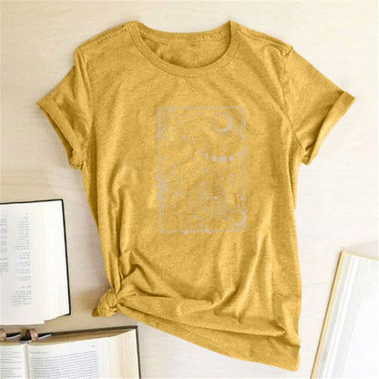 Moon and Sun Print Vintage Women T Shirt Aesthetic round Neck Loose Summer Tshirt Casual Graphic Tees Tops Woman Ropa Mujer