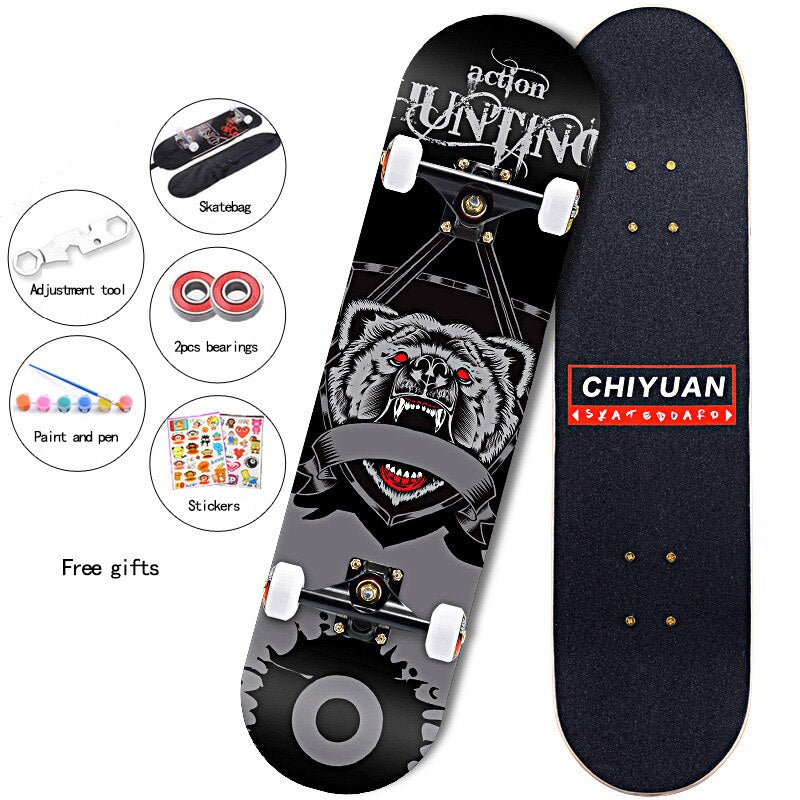 80CM 7-Tier Maple Skateboard Hard Wheel Alluminum Alloy Trucks Double Tilt Skateboard Skatepark Skate Boards for Children Adults