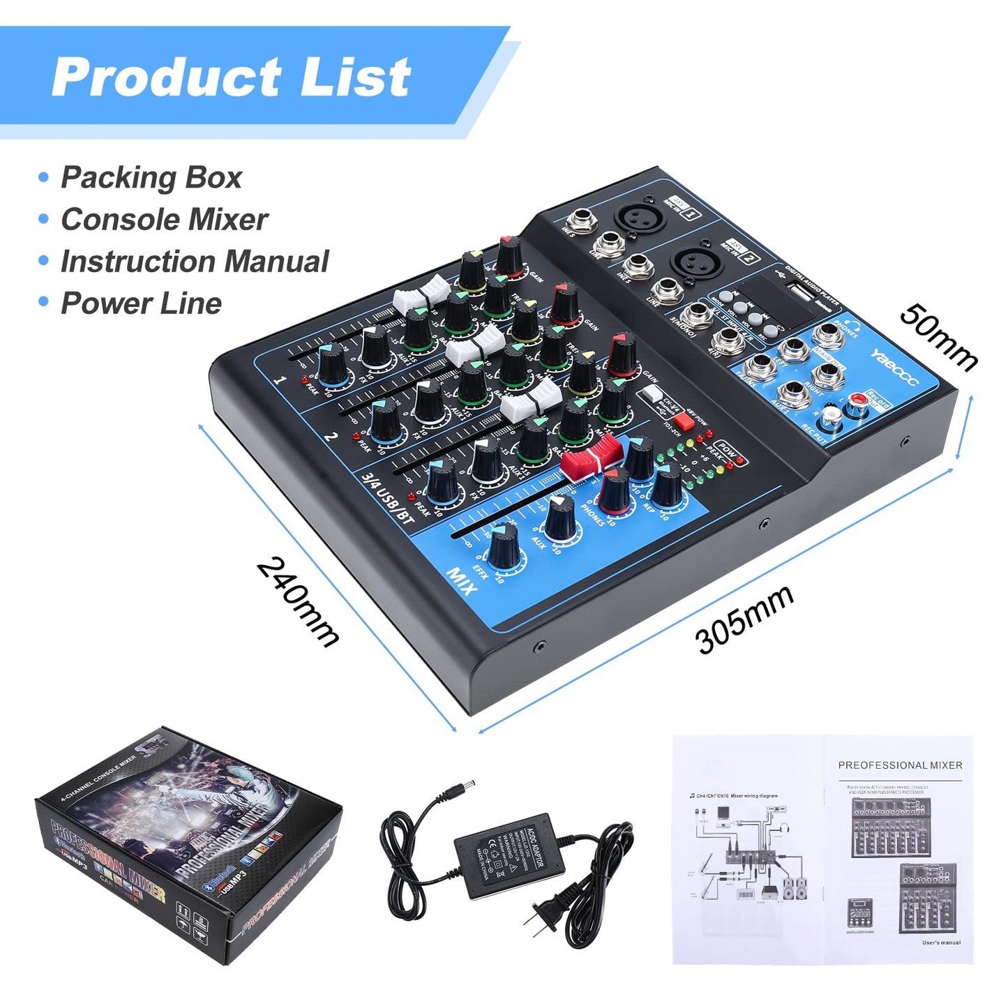 4 Channel Live Studio Stereo Audio Mixer Sound Mixing Mixer Console with USB Interface