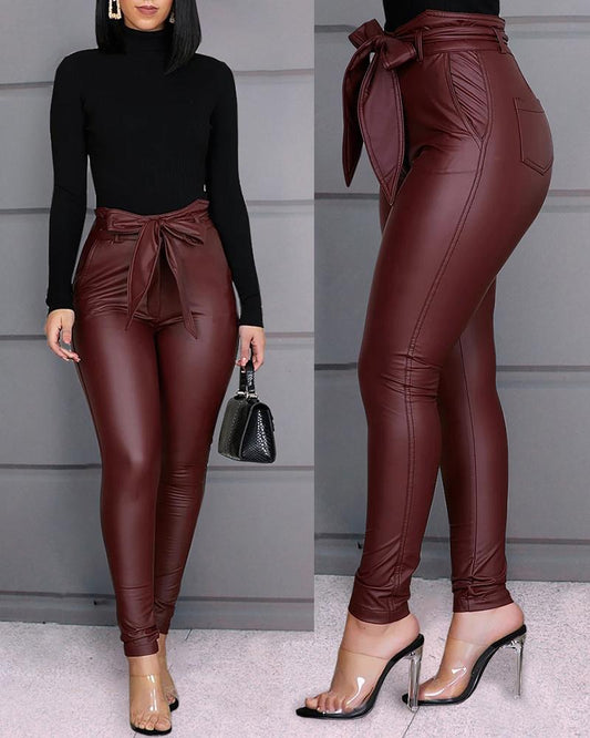 Magicmk Fashion Casual Plus Size Women's Pants High Waist Pu Product Leather Pants
