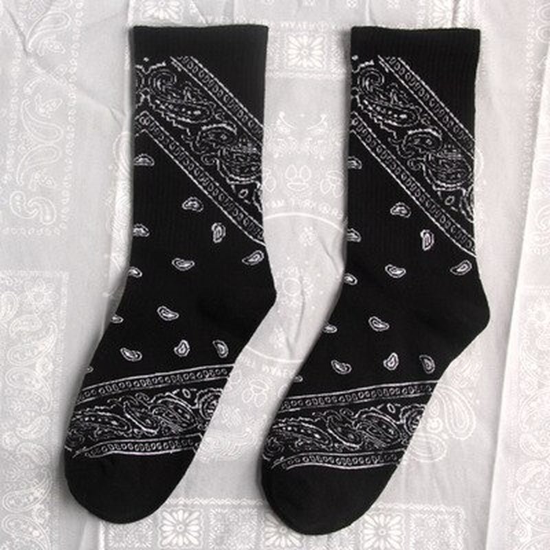 Black White Cotton Funny Flower Socks Bandanna Paisley West Coast Black Hiphop Pop Top Street Skate Fashion Skateboard Youth
