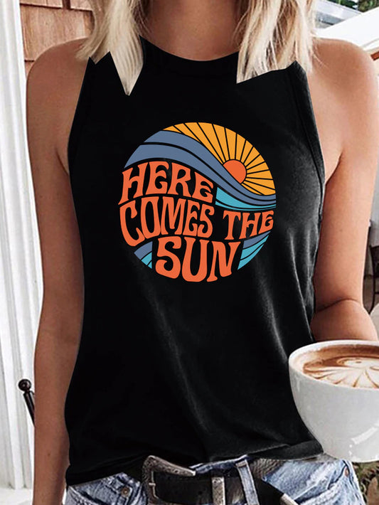 Here Comes the Sun Printed Funny Women T Shirt Sleeveless round Neck Summer T Shirt Femme Clothes Vintage Graphic Tees Tops 2022