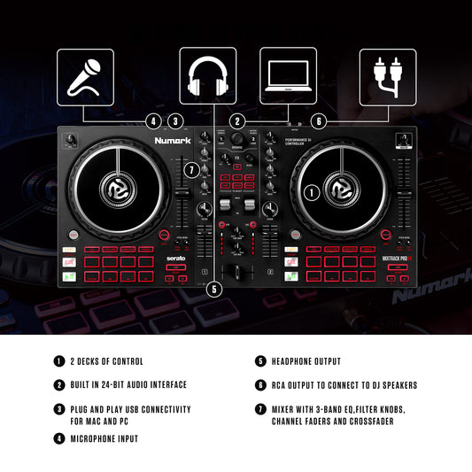 Numark Mixtrack Pro FX – 2 Deck DJ Controller For Serato DJ with DJ Mixer, Built-in Audio Interface, Capacitive Touch Jog Wheels and FX Paddles